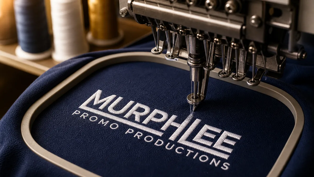 MurphLee Promo Productions embroidery machine stitching the company logo